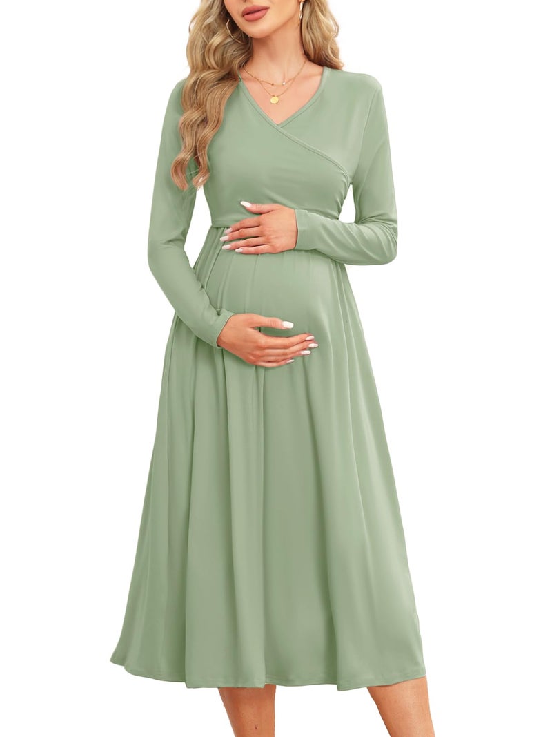AISWI 2025 Maternity Nursing Dress with Pockets Long Sleeve V Neck Wrap A Line Pregnancy Midi Dresses Baby Shower Solid Sage Green Large - Image 2