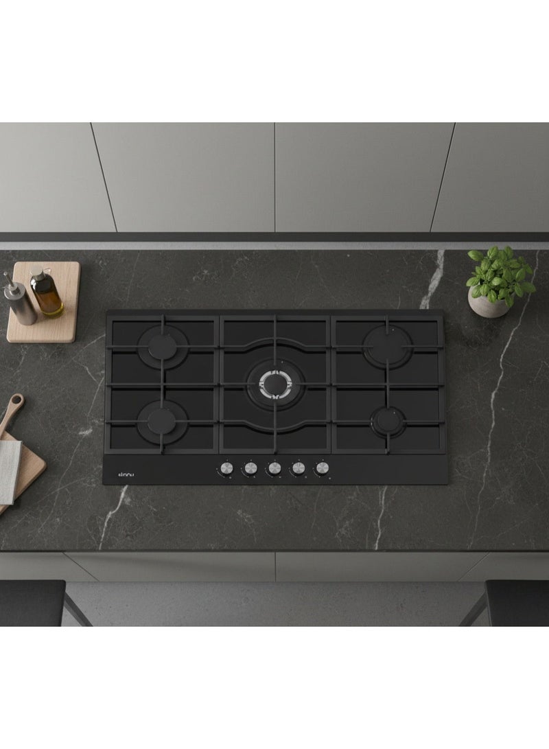 Simfer Built-in Gas Hob 90 cm  – Black Glass – 5 Sabaf Burners – Front Controls – Auto Ignition – Full Safety – Strong Cast-Iron Pan Supports - H9505HGSSP - Image 3