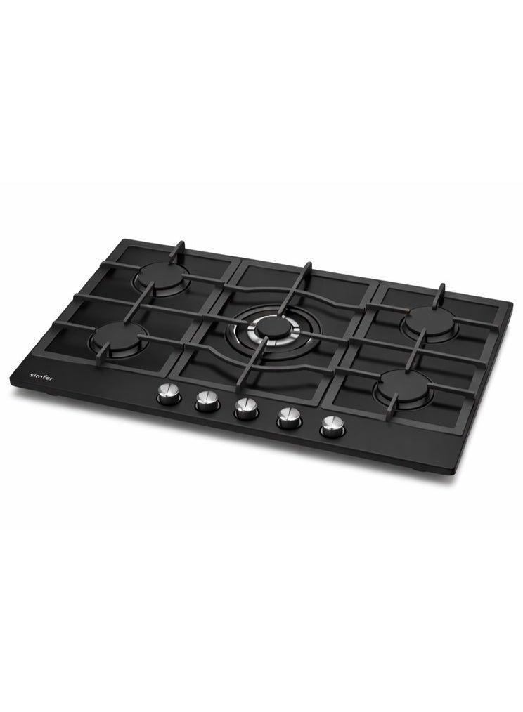 Simfer Built-in Gas Hob 90 cm  – Black Glass – 5 Sabaf Burners – Front Controls – Auto Ignition – Full Safety – Strong Cast-Iron Pan Supports - H9505HGSSP - Image 4
