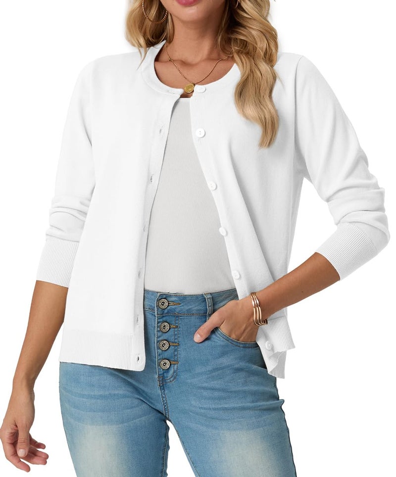 GRECERELLE Cardigan Sweaters for Women Lightweight Long Sleeve Crew Neck Button Up Soft Ribbed Knit Cardigans 2026 Spring Outfits White L - Image 1