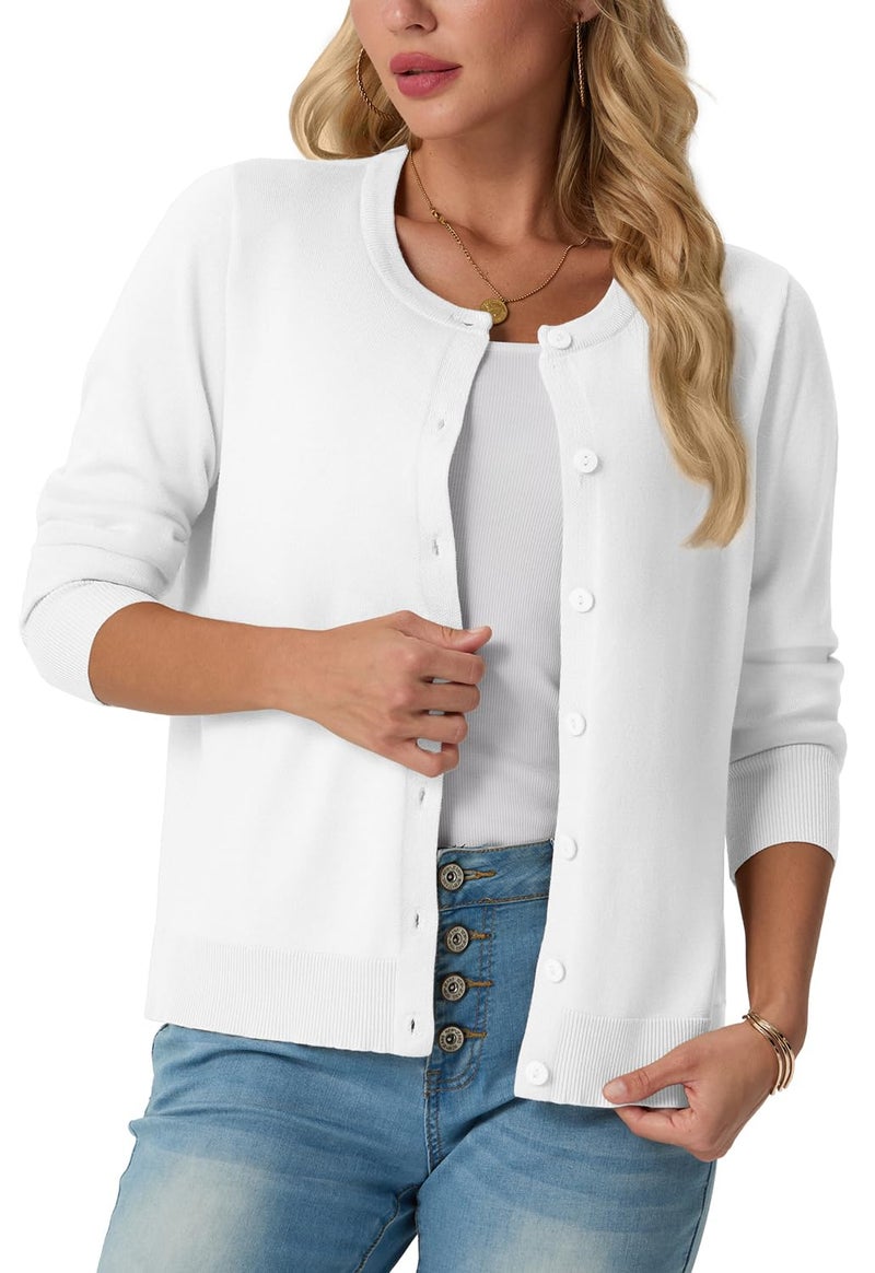 GRECERELLE Cardigan Sweaters for Women Lightweight Long Sleeve Crew Neck Button Up Soft Ribbed Knit Cardigans 2026 Spring Outfits White L - Image 3