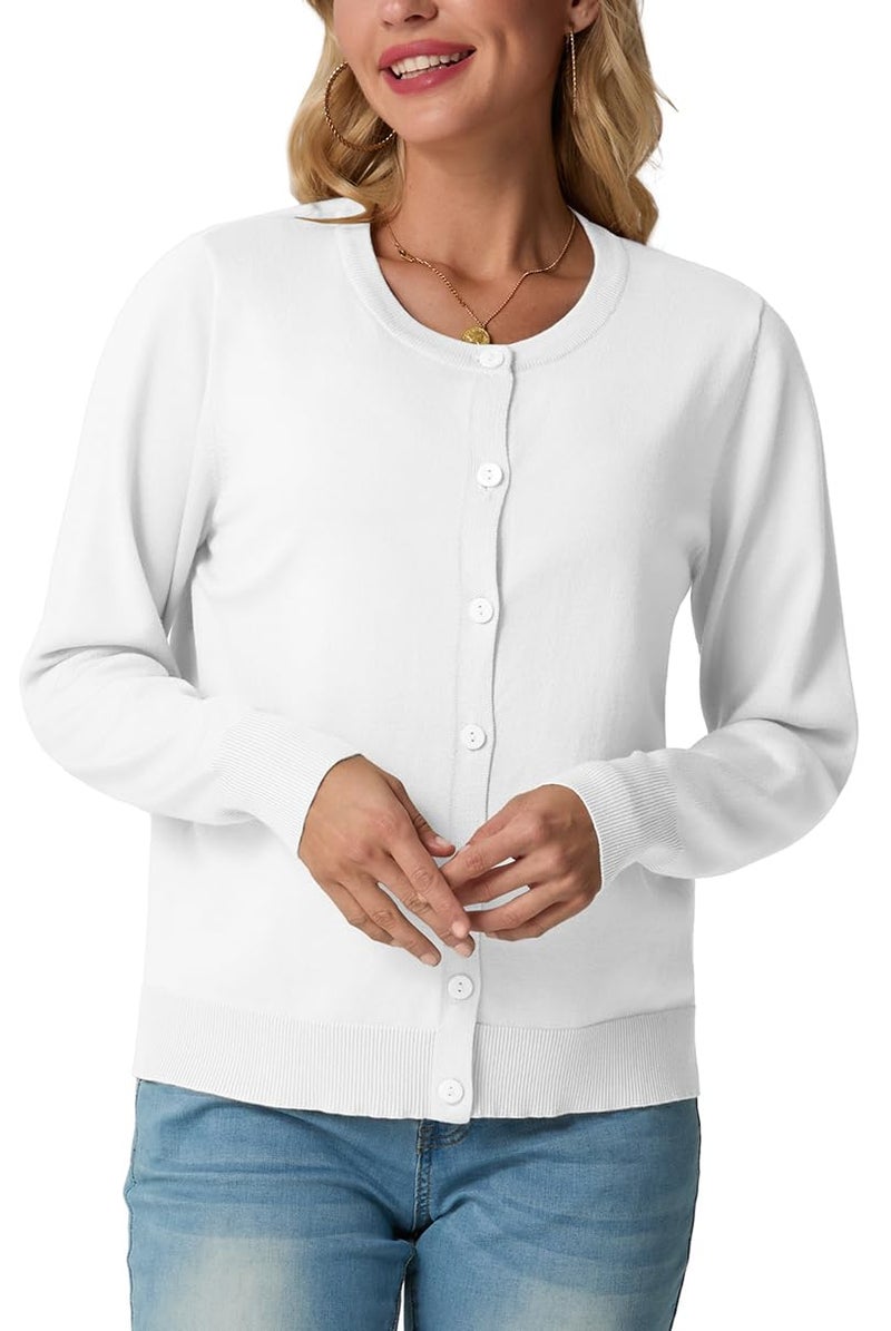 GRECERELLE Cardigan Sweaters for Women Lightweight Long Sleeve Crew Neck Button Up Soft Ribbed Knit Cardigans 2026 Spring Outfits White L - Image 5