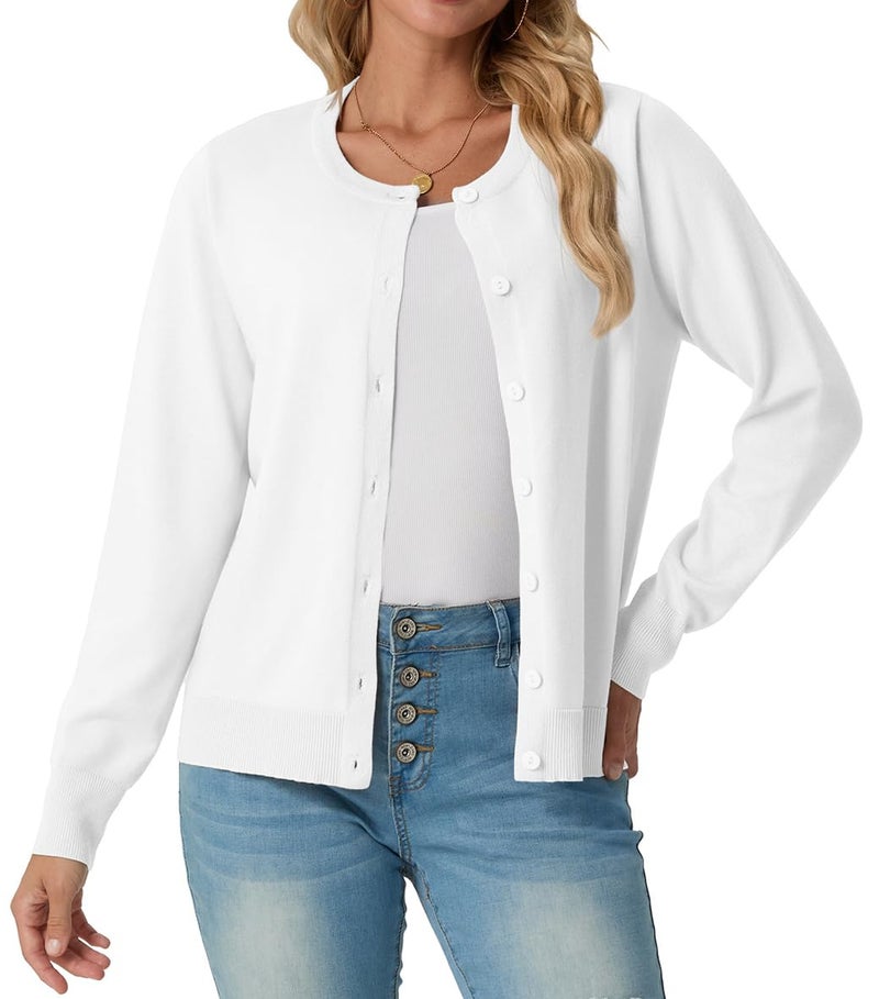 GRECERELLE Cardigan Sweaters for Women Lightweight Long Sleeve Crew Neck Button Up Soft Ribbed Knit Cardigans 2026 Spring Outfits White L - Image 2