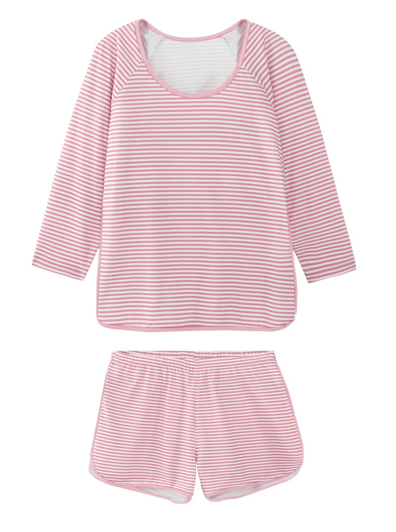 Hilinker Womens Striped Pajama Set 3/4 Sleeve Top with Shorts Sleepwear 2 Piece Lounge Sets Light Pink Stripe Medium - Image 1