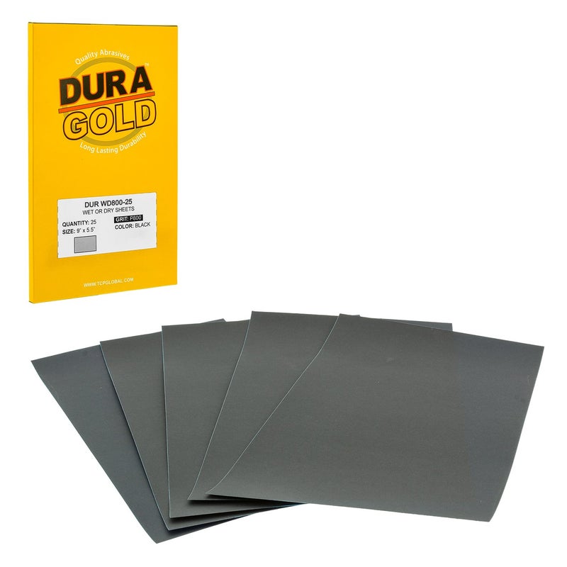 DuraGold Premium 800 Grit Wet or Dry Sandpaper Sheets 512 x 9 Box of 25 Car Color Sanding Detailing Polishing Automotive Woodworking Wood Furniture Metal Finishing Hand Sand Block Sander
