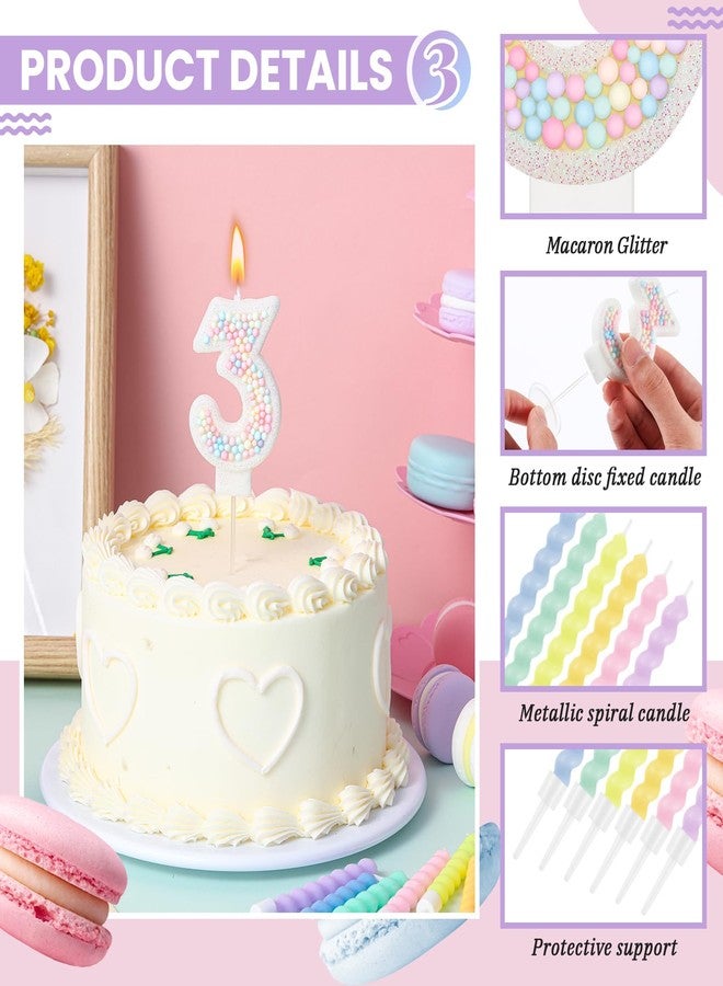 ميتلي شمعة عيد ميلاد MTLEE على شكل ماكارون لامعة ثلاثية الأبعاد على شكل رقم مع 12 شمعة حلزونية بألوان قوس قزح في حوامل لتزيين كعكة عيد ميلاد فتاة أو ولد، أو لحفلات الزفاف والذكرى السنوية، أو كزينة حفلات ذات طابع حلوى باستيل (رقم 3). - Image 3