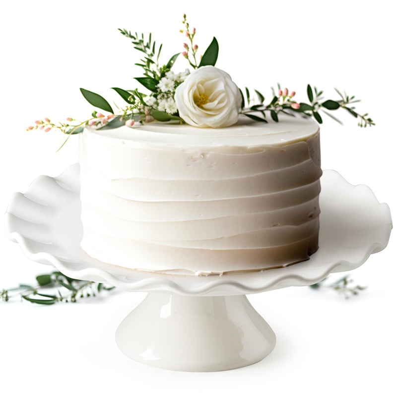 YHOJOY White Cake Stand, 10 Inch Cake Stands for Tea Party, Round Dessert Stand for 8 Inch Cake, Small Cake Plate Cupcake Stand for Dessert Table Display, Ruffle Trim - Image 1