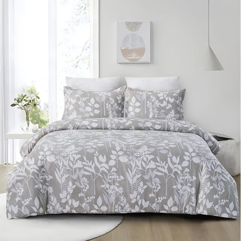 Vaulia Soft Microfiber Floral Duvet Cover Queen Size, Grey Botanical Print Pattern, Lightweight and Breathable Reversible Design, 3-Piece Set (1 Duvet Cover 2 Pillow Shams) - Image 1