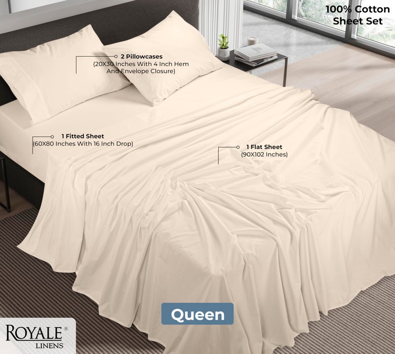 ROYALE LINENS 100% Organic Cotton Queen Sheet Set - Percale Weave - 4 Pieces Set - 1 Flat, 1 Deep Pocket Fitted Sheet and 2 Pillowcases - Cream Bed Sheets - SÃ¡banas Queen - Crisp Cool (Cream) - Image 2