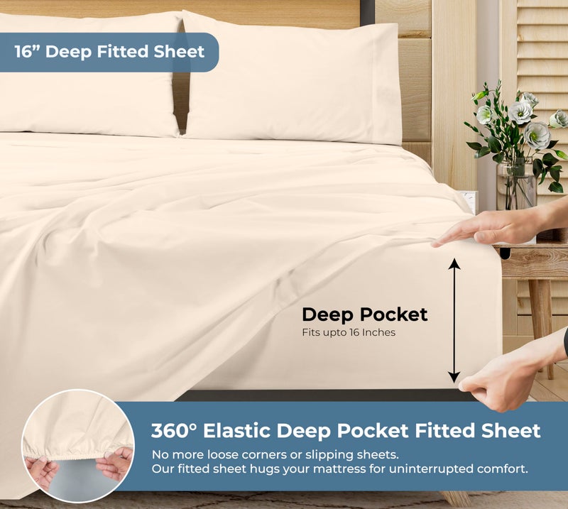 ROYALE LINENS 100% Organic Cotton Queen Sheet Set - Percale Weave - 4 Pieces Set - 1 Flat, 1 Deep Pocket Fitted Sheet and 2 Pillowcases - Cream Bed Sheets - SÃ¡banas Queen - Crisp Cool (Cream) - Image 3