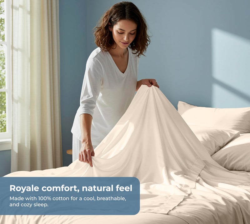 ROYALE LINENS 100% Organic Cotton Queen Sheet Set - Percale Weave - 4 Pieces Set - 1 Flat, 1 Deep Pocket Fitted Sheet and 2 Pillowcases - Cream Bed Sheets - SÃ¡banas Queen - Crisp Cool (Cream) - Image 4