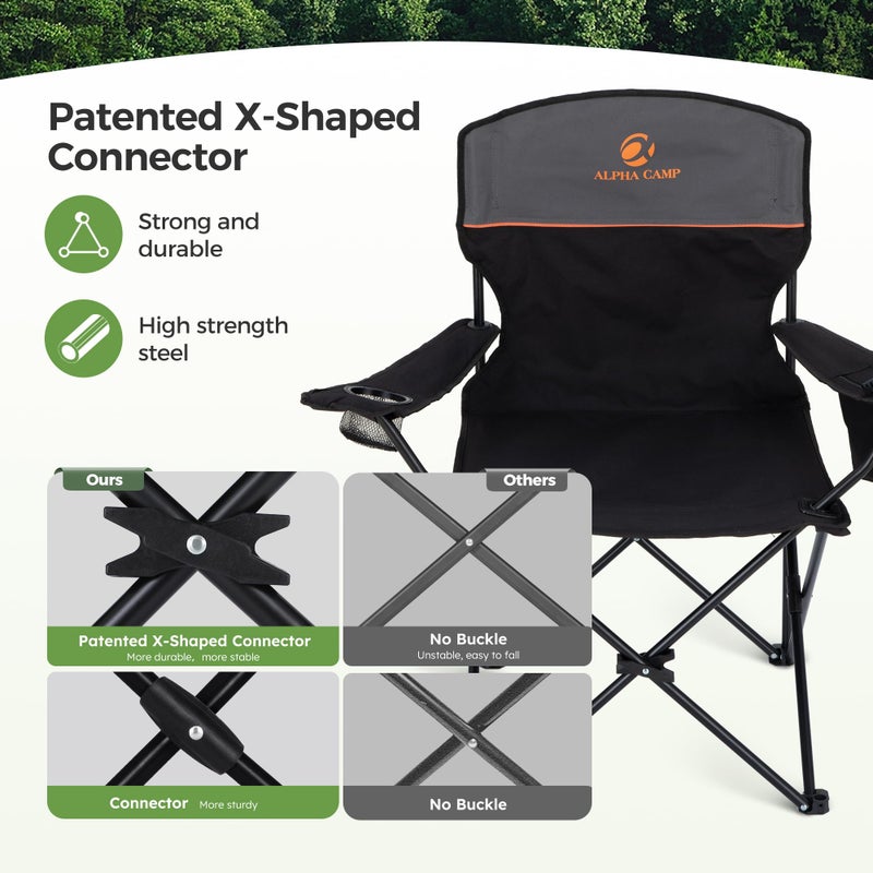 LET'S CAMP Camping Chair 2 Pack Folding Chair with 3-Can Cooler Bag Portable Lawn Chair with Cup Holder,Storage Pocket, Supports 225LBS, Collapsible Chair for Camp, Beach, Picnic (Black) - Image 3
