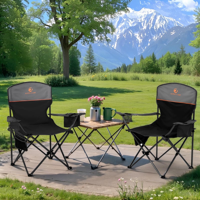 LET'S CAMP Camping Chair 2 Pack Folding Chair with 3-Can Cooler Bag Portable Lawn Chair with Cup Holder,Storage Pocket, Supports 225LBS, Collapsible Chair for Camp, Beach, Picnic (Black) - Image 2