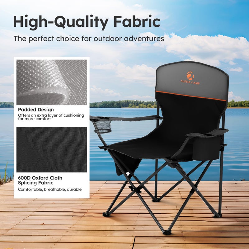 LET'S CAMP Camping Chair 2 Pack Folding Chair with 3-Can Cooler Bag Portable Lawn Chair with Cup Holder,Storage Pocket, Supports 225LBS, Collapsible Chair for Camp, Beach, Picnic (Black) - Image 5