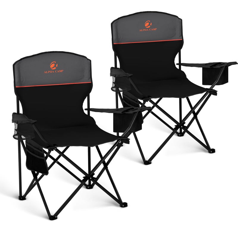 LET'S CAMP Camping Chair 2 Pack Folding Chair with 3-Can Cooler Bag Portable Lawn Chair with Cup Holder,Storage Pocket, Supports 225LBS, Collapsible Chair for Camp, Beach, Picnic (Black) - Image 1