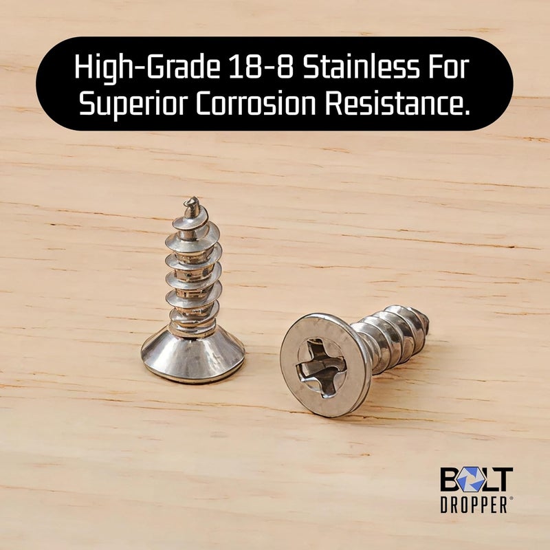Bolt Dropper #4 x 3/8" Stainless Steel Flat Head Phillips Wood Screw, (100 pc), 18-8 (304) Stainless Steel Sheet Metal Screws - Type A Point, Plain Finish - Image 2