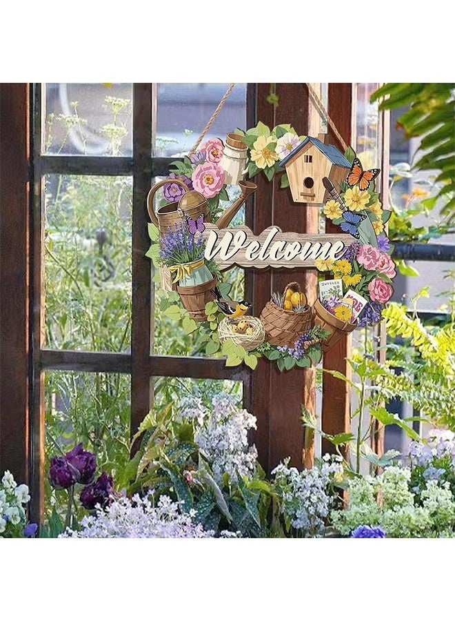 Welcome Sign Decoration, Rustic Round Wood Wreaths, Hanging Wall Art Flower Wooden Wall Decor, for Front Door Decoration Wall Hanging Outdoor, Farmhouse, Porch, for Spring Summer Fall All Seasons Holiday - Image 4