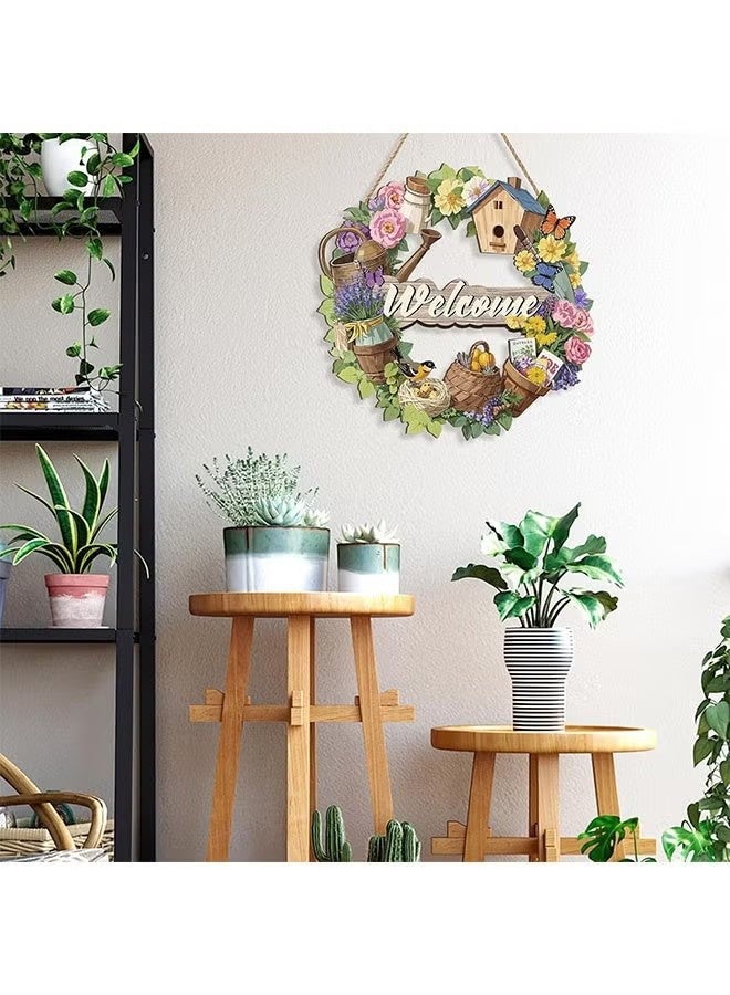 Welcome Sign Decoration, Rustic Round Wood Wreaths, Hanging Wall Art Flower Wooden Wall Decor, for Front Door Decoration Wall Hanging Outdoor, Farmhouse, Porch, for Spring Summer Fall All Seasons Holiday - Image 3