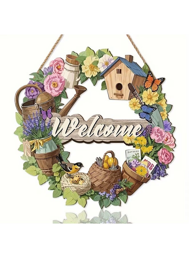 Welcome Sign Decoration, Rustic Round Wood Wreaths, Hanging Wall Art Flower Wooden Wall Decor, for Front Door Decoration Wall Hanging Outdoor, Farmhouse, Porch, for Spring Summer Fall All Seasons Holiday - Image 1