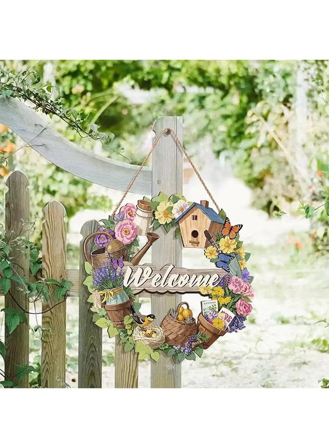 Welcome Sign Decoration, Rustic Round Wood Wreaths, Hanging Wall Art Flower Wooden Wall Decor, for Front Door Decoration Wall Hanging Outdoor, Farmhouse, Porch, for Spring Summer Fall All Seasons Holiday - Image 5