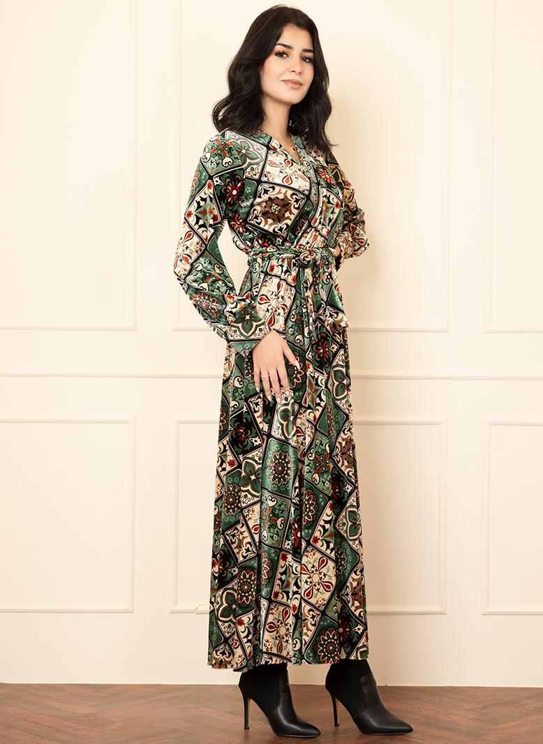 FridayIn Elegant style Classical V-neck Geometry Printing Belt Marshmallow Regular sleeve Long Dresses Green - Image 3