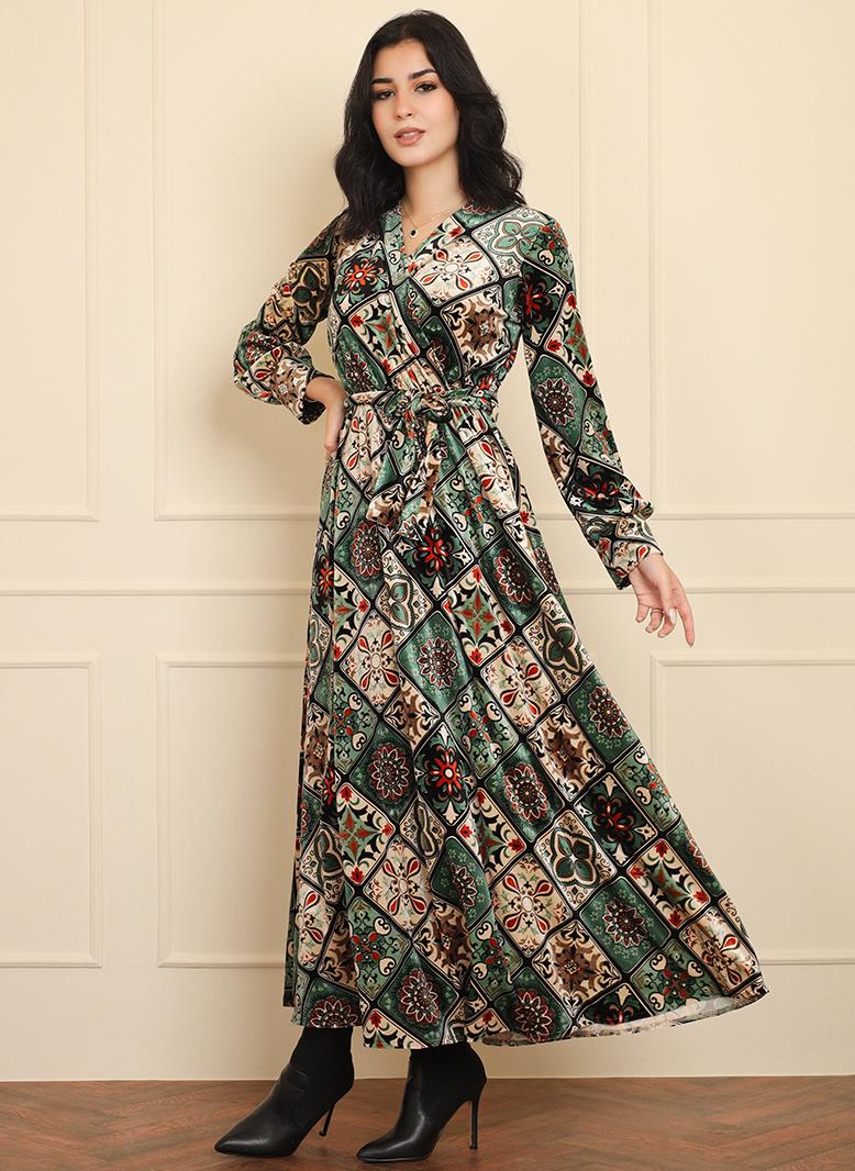 FridayIn Elegant style Classical V-neck Geometry Printing Belt Marshmallow Regular sleeve Long Dresses Green - Image 4