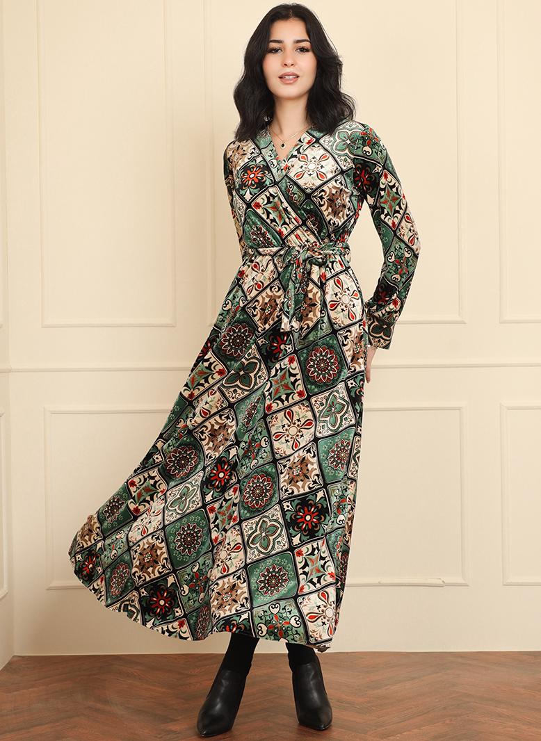 FridayIn Elegant style Classical V-neck Geometry Printing Belt Marshmallow Regular sleeve Long Dresses Green - Image 1
