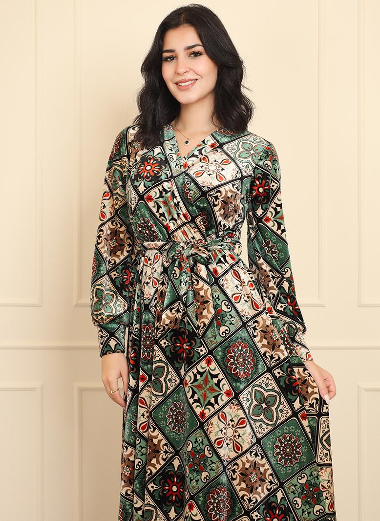 FridayIn Elegant style Classical V-neck Geometry Printing Belt Marshmallow Regular sleeve Long Dresses Green - Image 5