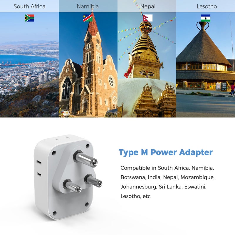 TESSAN محول طاقة TESSAN من جنوب أفريقيا، محول قابس نوع M مع 4 مآخذ أمريكية و 3 شواحن USB (1 منفذ USB C) من الولايات المتحدة إلى بوتان وبوتسوانا وناميبيا ونيبال - Image 2