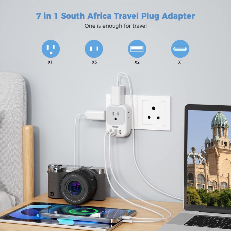 TESSAN محول طاقة TESSAN من جنوب أفريقيا، محول قابس نوع M مع 4 مآخذ أمريكية و 3 شواحن USB (1 منفذ USB C) من الولايات المتحدة إلى بوتان وبوتسوانا وناميبيا ونيبال - Image 3