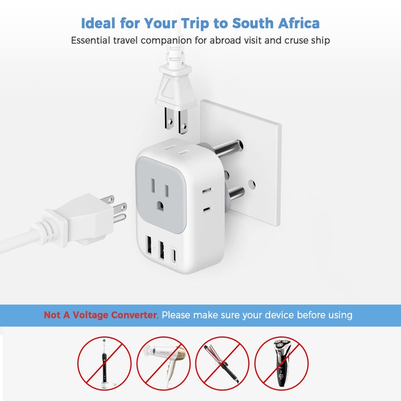 TESSAN محول طاقة TESSAN من جنوب أفريقيا، محول قابس نوع M مع 4 مآخذ أمريكية و 3 شواحن USB (1 منفذ USB C) من الولايات المتحدة إلى بوتان وبوتسوانا وناميبيا ونيبال - Image 5