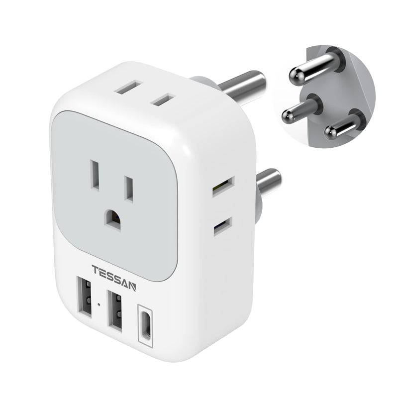 TESSAN محول طاقة TESSAN من جنوب أفريقيا، محول قابس نوع M مع 4 مآخذ أمريكية و 3 شواحن USB (1 منفذ USB C) من الولايات المتحدة إلى بوتان وبوتسوانا وناميبيا ونيبال - Image 1