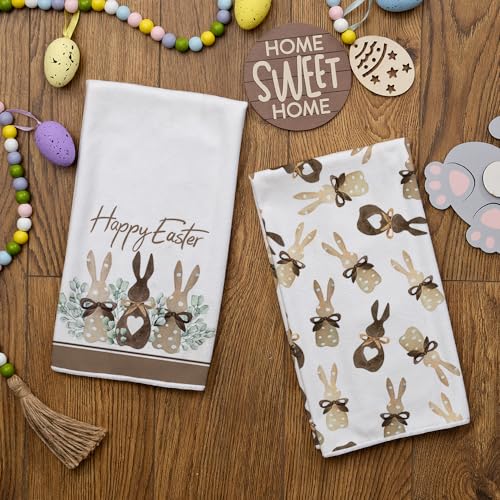 ARKENY Easter Kitchen Towels Set of 2,Beige Polka Dot Bunny Leaves Dish Towels 18x26 Inch Drying Dishcloth,Farmhouse Holiday Seasonal Spring Decorations AD259 - Image 2