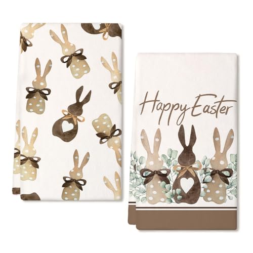 ARKENY Easter Kitchen Towels Set of 2,Beige Polka Dot Bunny Leaves Dish Towels 18x26 Inch Drying Dishcloth,Farmhouse Holiday Seasonal Spring Decorations AD259 - Image 1