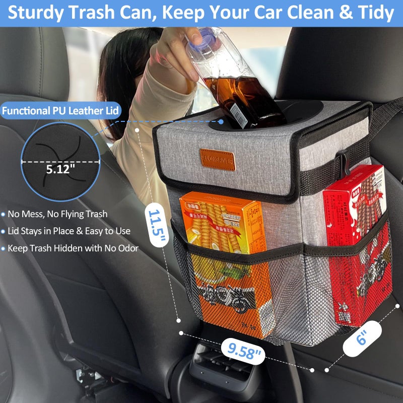 ELONGRIVER Car Trash Can Bin for Back Seat Leak Proof, Cute Car Trash Bag Hanging, Vehicle Trash Can for SUV Truck Van, Automotive Garbage Cans Front Seat Grey - Image 2