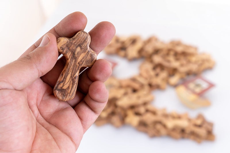Zuluf 100 Small Olive Wood Comfort Crosses from Bethlehem Israel | Pocket Holding Crosses | Comes With 100 Holy Land Certificates 6cm / 2.5 Inch Each Cross - CRS301 - Image 2
