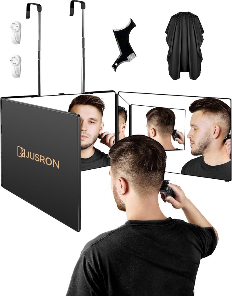 JUSRON 3 Way Mirror for Hair Cutting, 360 Mirror with Height Adjustable Hooks for Door, Bathroom, Portable Trifold Shaving Barber Mirror for Makeup, Cut, Trim, Shave Gift (Black Without LED) - Image 1