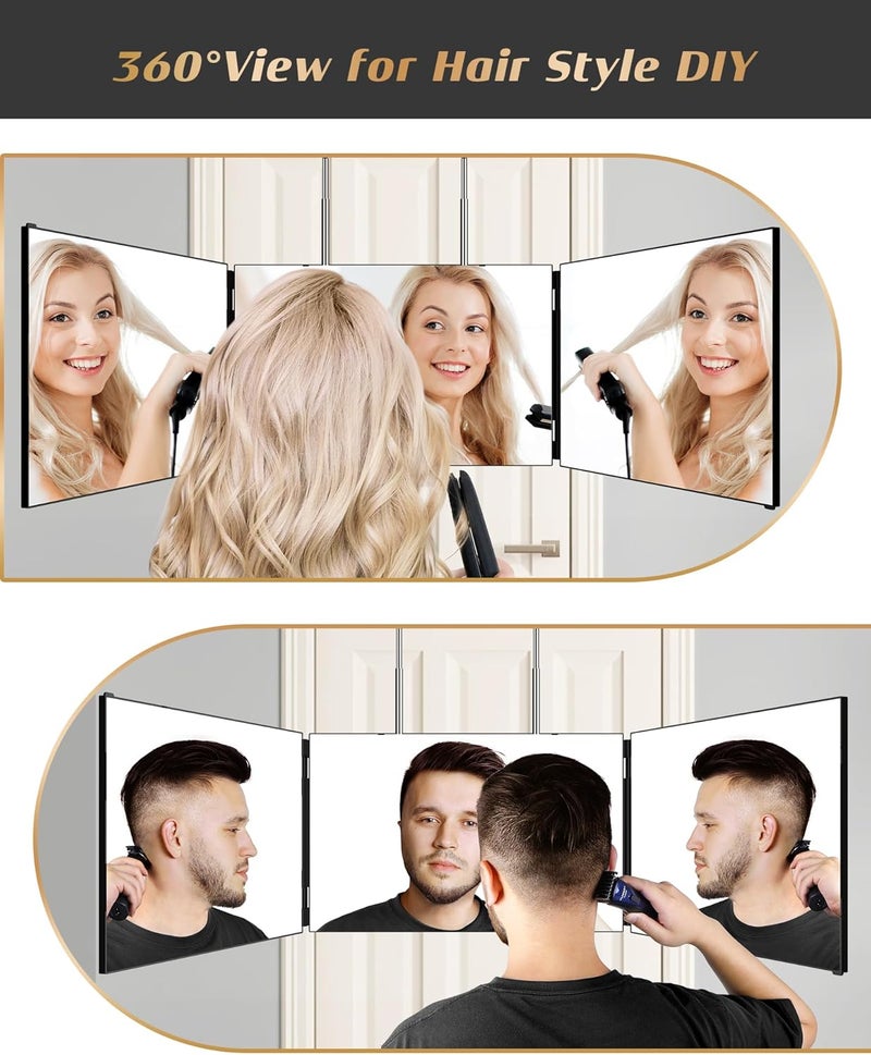 JUSRON 3 Way Mirror for Hair Cutting, 360 Mirror with Height Adjustable Hooks for Door, Bathroom, Portable Trifold Shaving Barber Mirror for Makeup, Cut, Trim, Shave Gift (Black Without LED) - Image 4