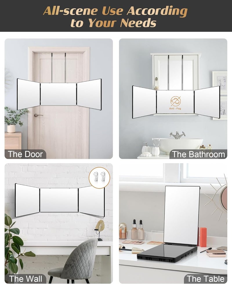 JUSRON 3 Way Mirror for Hair Cutting, 360 Mirror with Height Adjustable Hooks for Door, Bathroom, Portable Trifold Shaving Barber Mirror for Makeup, Cut, Trim, Shave Gift (Black Without LED) - Image 3
