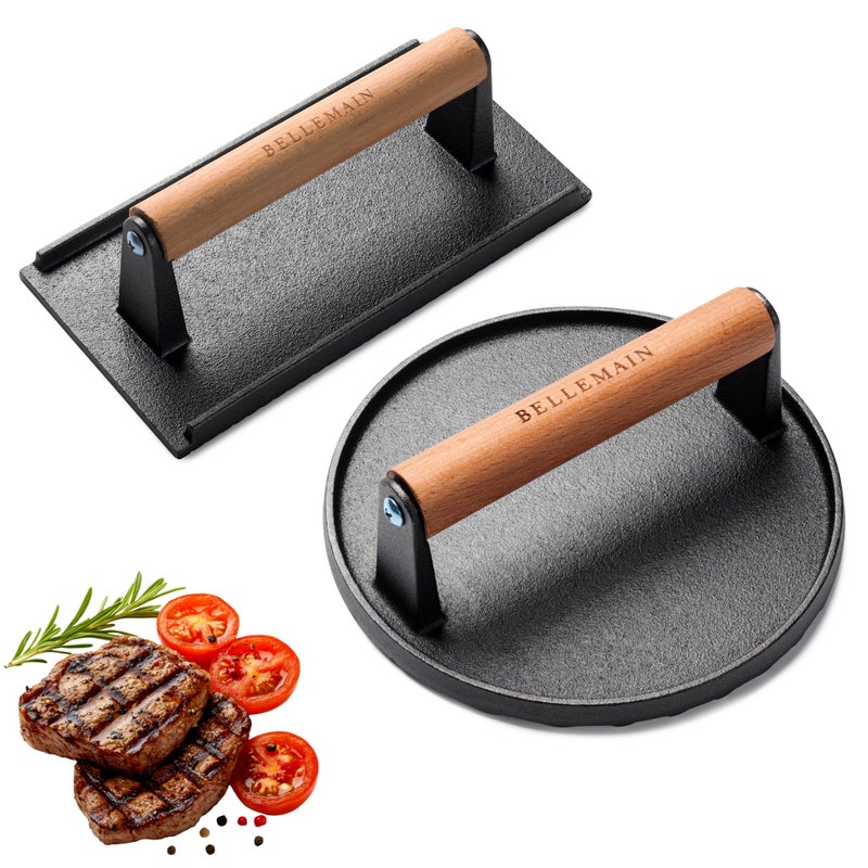 Bellemain HeavyDuty Cast Iron Grill Press Set  Perfect Smash Burger Press  Steak Tool with Ergonomic Wood Handle for ProLevel Searing on Griddle Skillet or BBQ