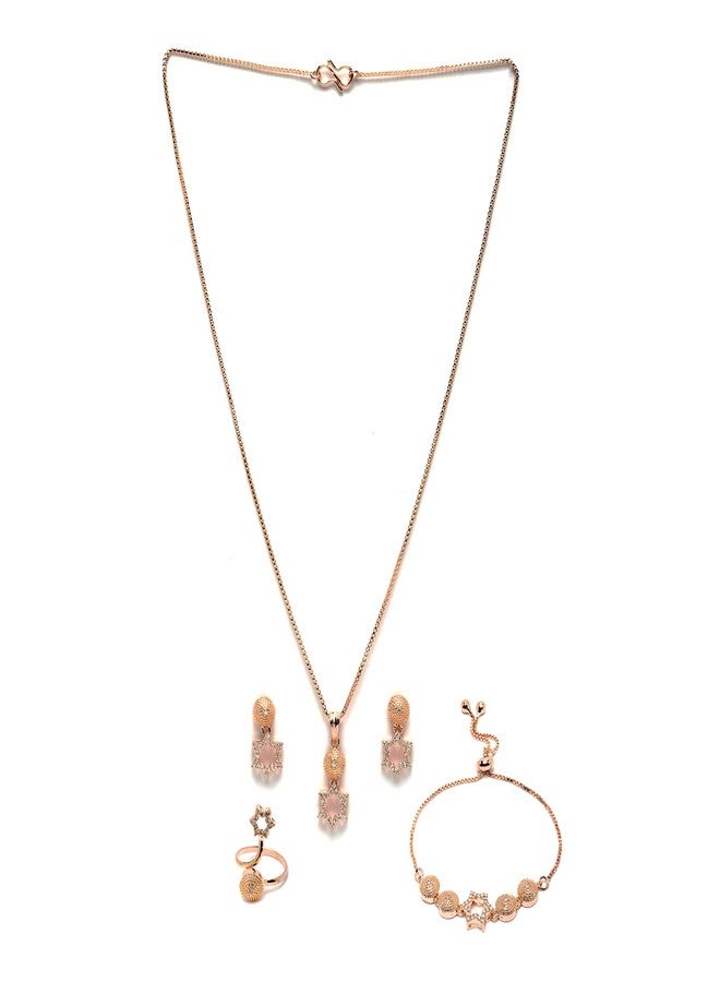 KENNICE Rose Gold-Plated White American Diamond studded Necklace, Earrings, Bracelet with Ring Jewellery Set for Girls and Women - Image 1