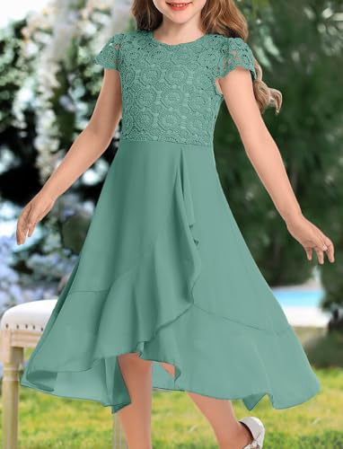 HOSIKA Girls Summer Short Sleeve Retro Lace A-line Flowy Elegant Wedding Guest Party Events Maxi Dress for 6-12 Y Sage - Image 3
