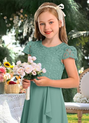 HOSIKA Girls Summer Short Sleeve Retro Lace A-line Flowy Elegant Wedding Guest Party Events Maxi Dress for 6-12 Y Sage - Image 4