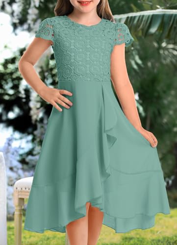 HOSIKA Girls Summer Short Sleeve Retro Lace A-line Flowy Elegant Wedding Guest Party Events Maxi Dress for 6-12 Y Sage - Image 2