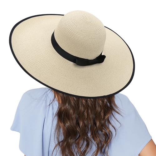 Naivlizer Women Wide Brim Sun Hat UPF50 Straw Summer Hat Floppy Beach Hat Roll-Up,Beige - Image 2