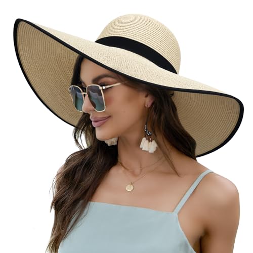 Naivlizer Women Wide Brim Sun Hat UPF50 Straw Summer Hat Floppy Beach Hat Roll-Up,Beige - Image 1