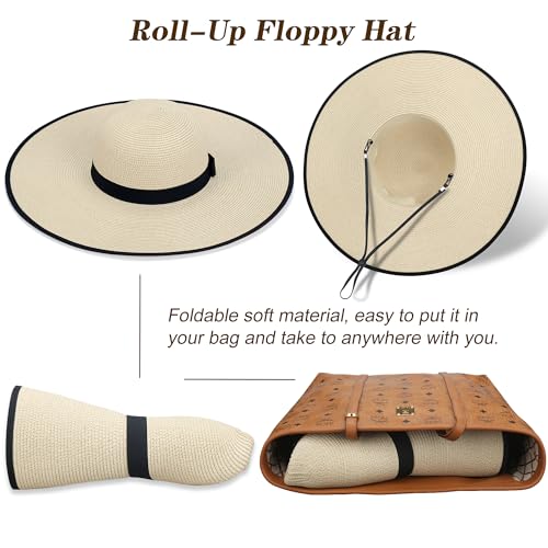 Naivlizer Women Wide Brim Sun Hat UPF50 Straw Summer Hat Floppy Beach Hat Roll-Up,Beige - Image 4