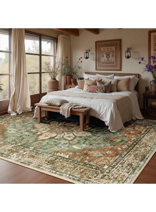 Arabest Area Rugs 8'x10' Washable Non-Slip, Floral Vintage Distress Print Pattern Medallion Carpet for Living Room Bedroom Dining Room, Brick Red Rust Neutral Brown Burnt Orange Green - Image 3