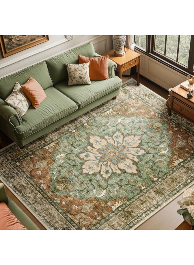 Arabest Area Rugs 8'x10' Washable Non-Slip, Floral Vintage Distress Print Pattern Medallion Carpet for Living Room Bedroom Dining Room, Brick Red Rust Neutral Brown Burnt Orange Green - Image 1