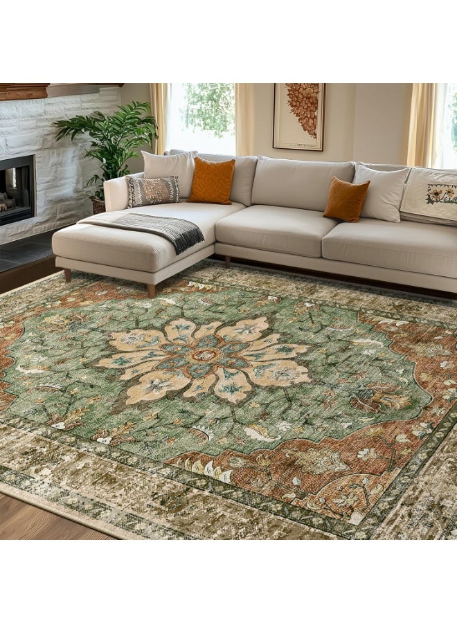 Arabest Area Rugs 8'x10' Washable Non-Slip, Floral Vintage Distress Print Pattern Medallion Carpet for Living Room Bedroom Dining Room, Brick Red Rust Neutral Brown Burnt Orange Green - Image 2